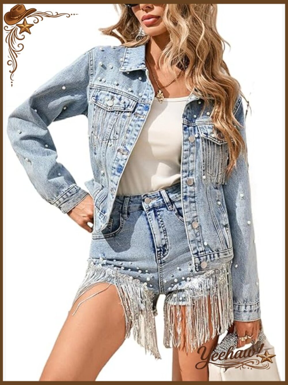 Pearl Tassel Jean Jacket with Heart Pearl Back Fringe Denim Coat